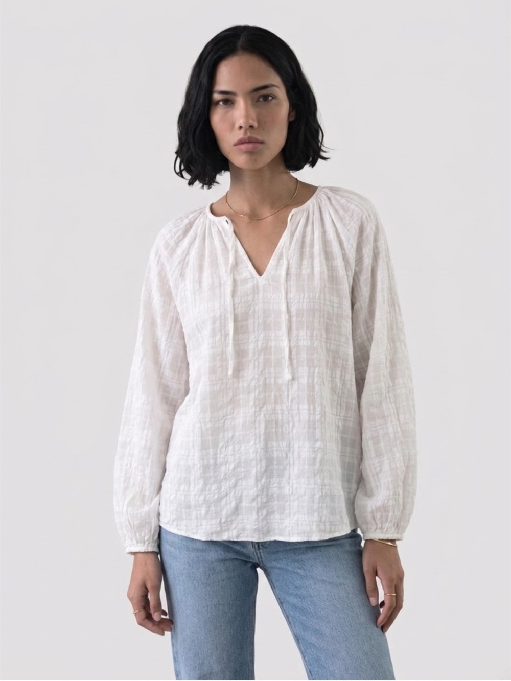 MOUSSY Split V Neck Oversized Boho Balloon Sleeve White One Size